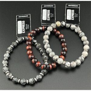 Express 3-Piece Semi-Precious Gemstone Bracelet Set Round Beaded Stretch NWT